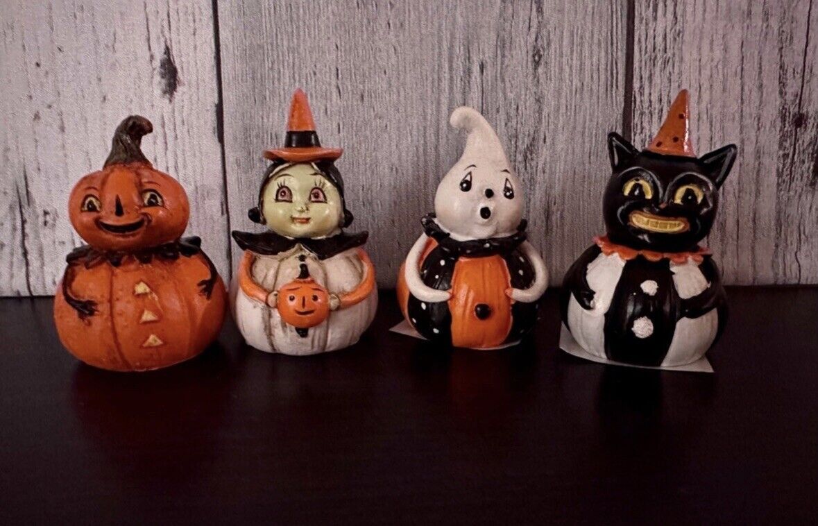 Johanna Parker Mini Pumpkin Peeps Ghost, Witch, Cat, Pumpkin Figurine Set x4