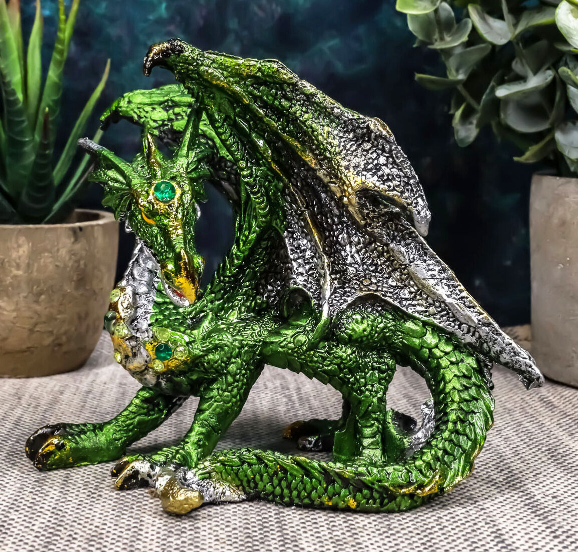 Ebros Metallic Green and Silver Crouching Emerald Dragon Statue 4.75