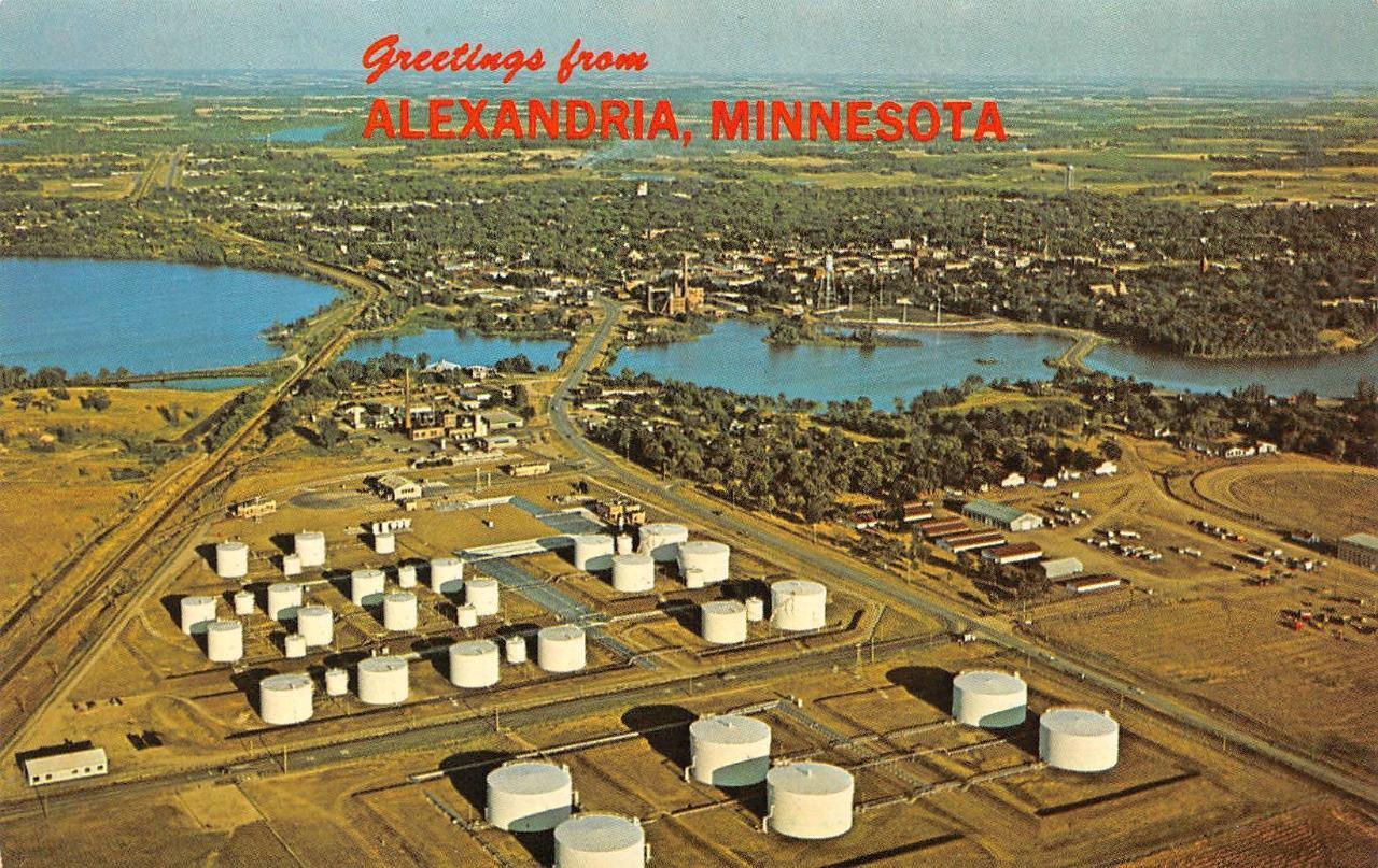 Alexandria, MN Minnesota  BIRD'S EYE VIEW  Industrial Area~Large Tanks  Postcard