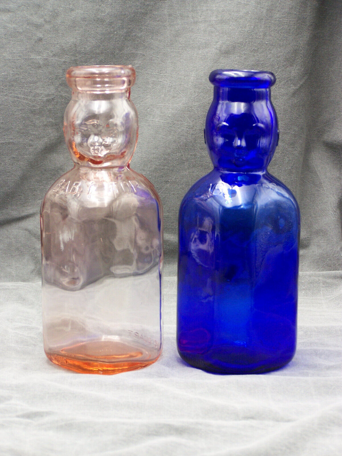 Vintage Cobalt Blue & Pink Brookfield Double Side Baby Face Quart Glass Bottles