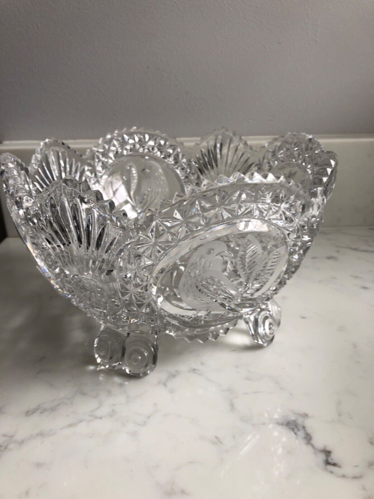 Vintage Hofbauer Etched Birds Crystal Clear Glass Lead Footed Hand cut Bowl 8.5\