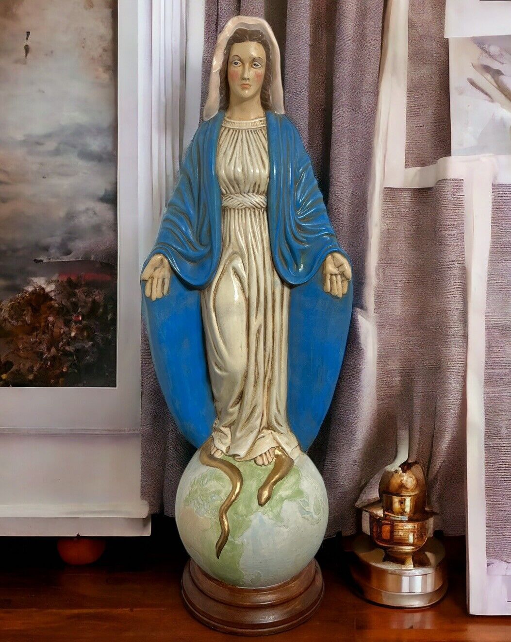Vintage Virgin Mary Statue Standing On Globe Ceramic Mold 21”