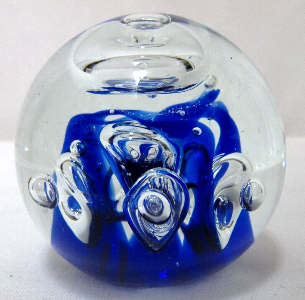 Paperweight Controlled Bubble Cobalt blue Art glass sculpture decor 14 ounces