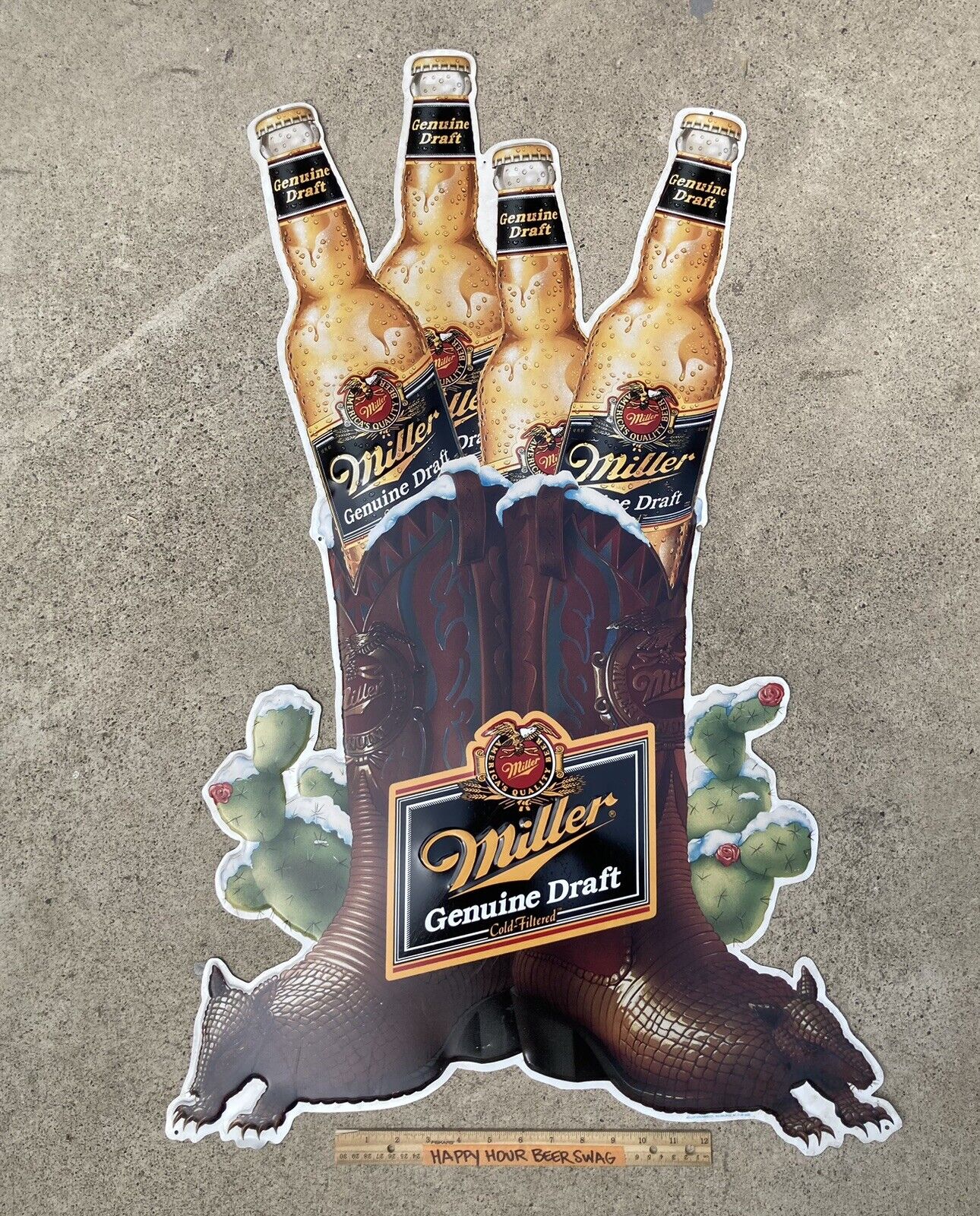 🔥 VTG Miller MGD Armadillo Cowboy Boots Cactus  Country Metal beer Tin Bar Sign