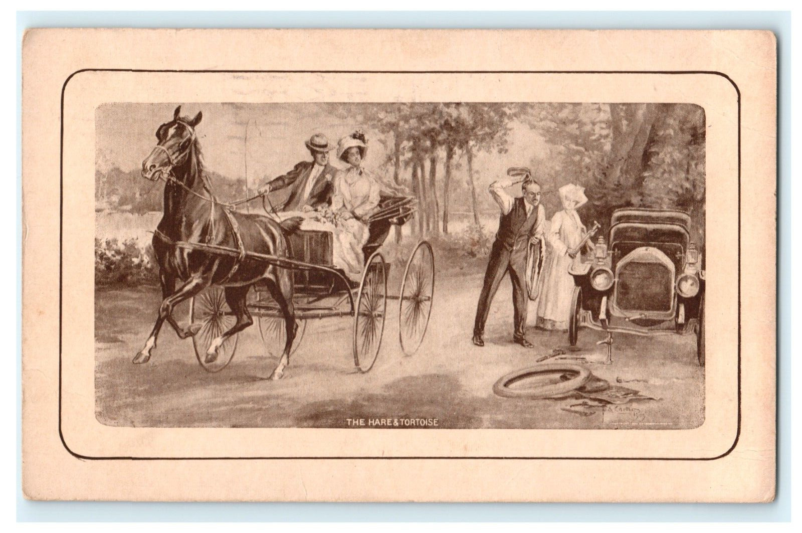 1914 Waterbury CT The Hare & Tortoise Scene Artist Card