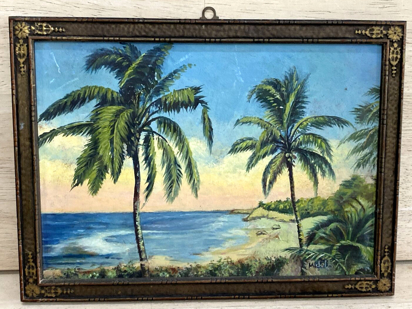 EARLY Antique CARVED Wood Frame 11x8 - Beach Art Painting - Date on back 1887