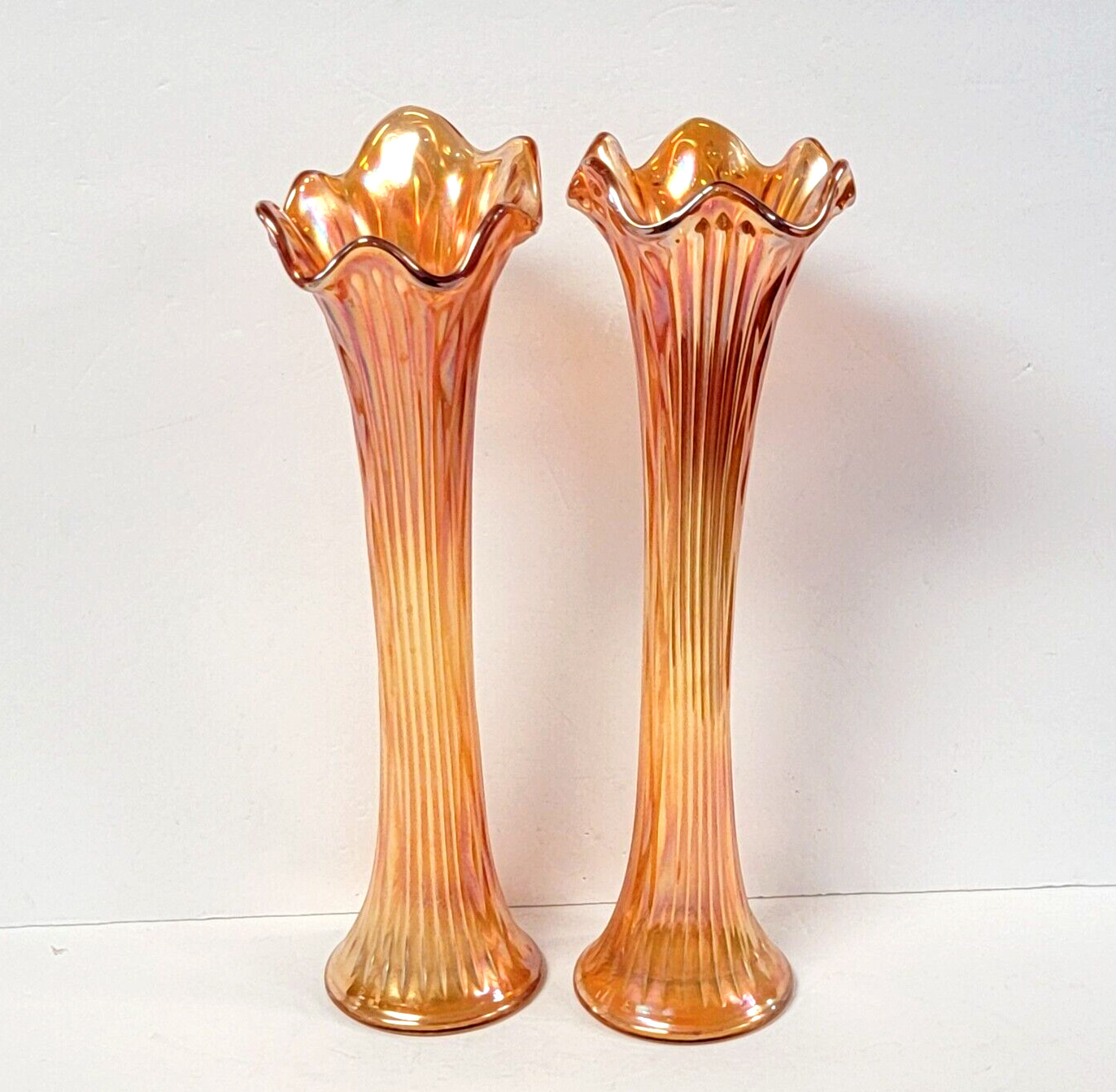 VTG 2 Fenton Fine Rib Carnival Glass Swung Vases Marigold Art Nouveau 14 Inch