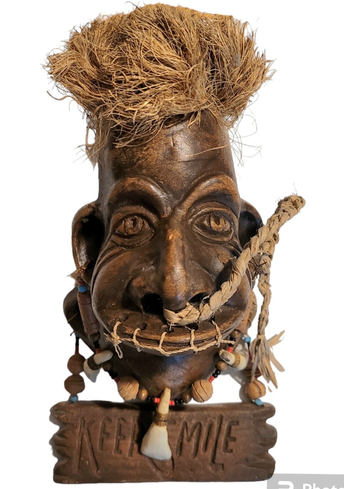 Vintage Pottery Wood Handcarved Caricature Tribal Man With Carved Jewelry Rare