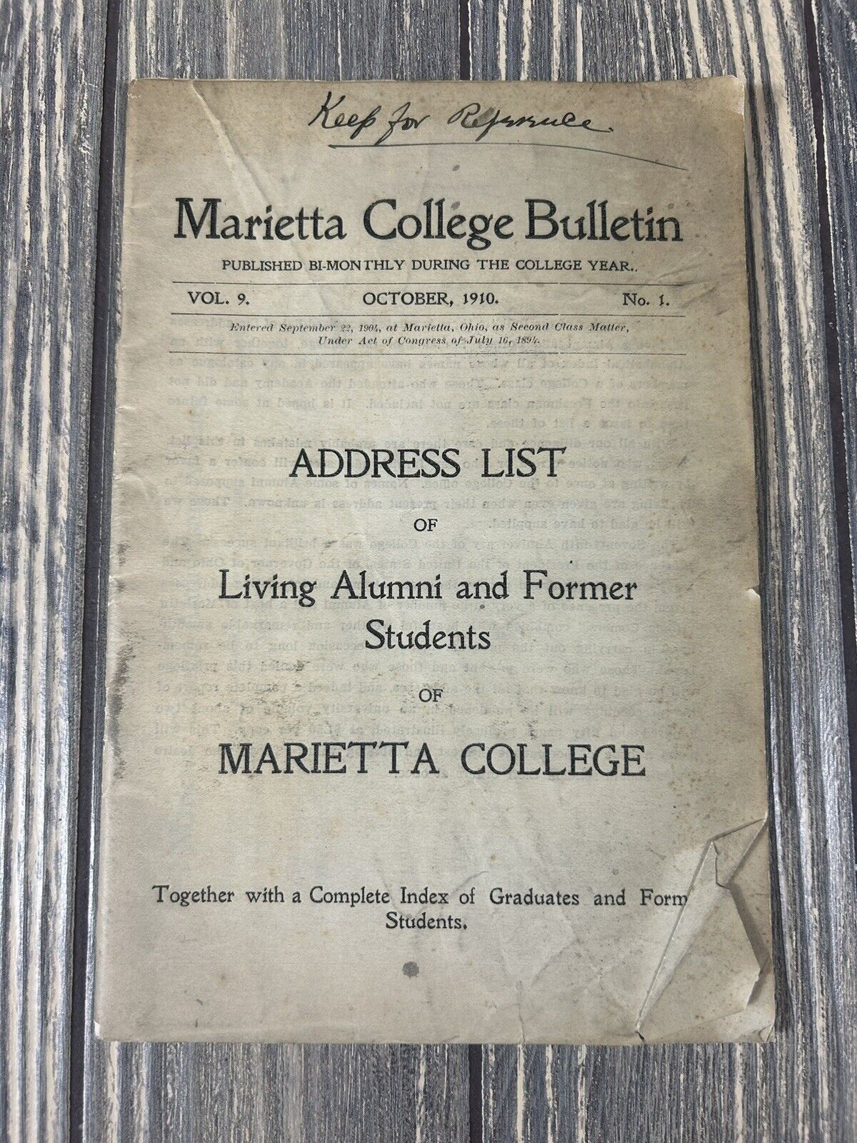 Vintage 1910 October Marietta College Bulletin Vol 9 No 1 Booklet