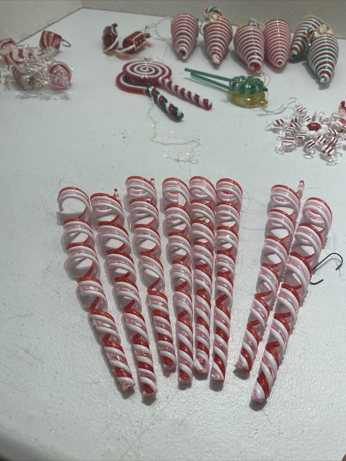 8 Vintage Candy Peppermint Stick Ribbon Twisted Hard Plastic Christmas Orna JN