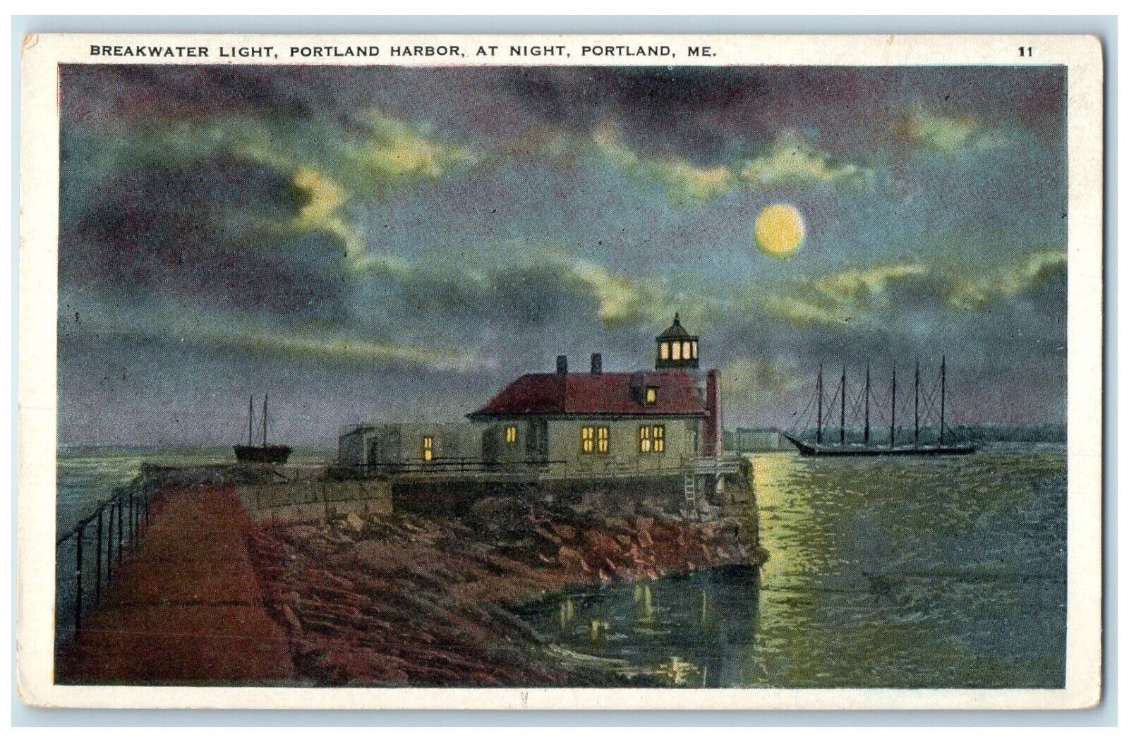 c1920 Breakwater Light Portland Harbor Night Moon Lake Portland Maine Postcard