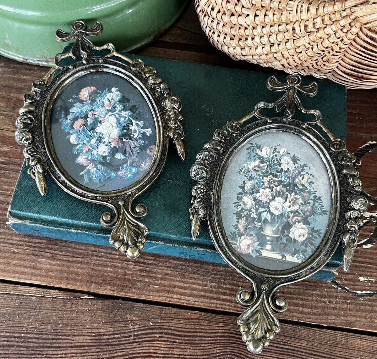 Pair of Vintage Italian Ornate Brass Frame Floral Pictures Oval ~ Made in Italy