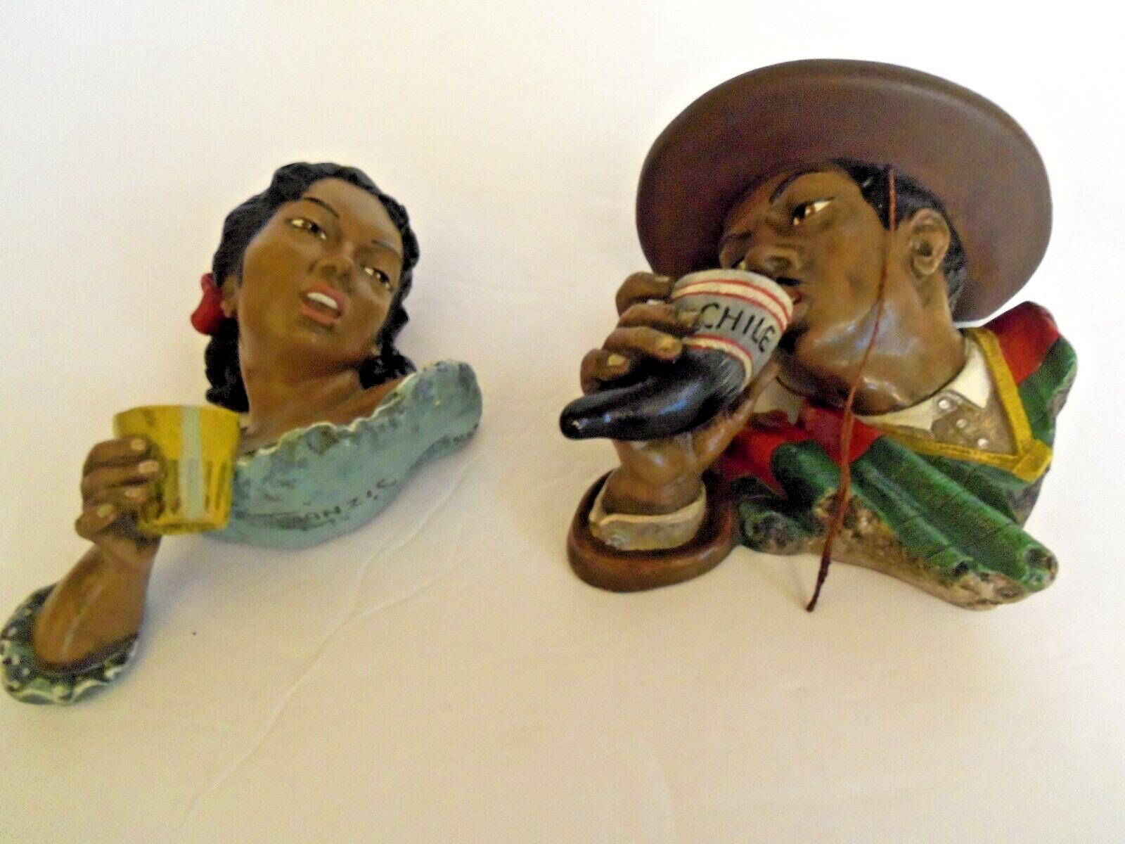Mexican Chalkware Heads Man & Woman Drinking Chile Folk Art Signed Vintage