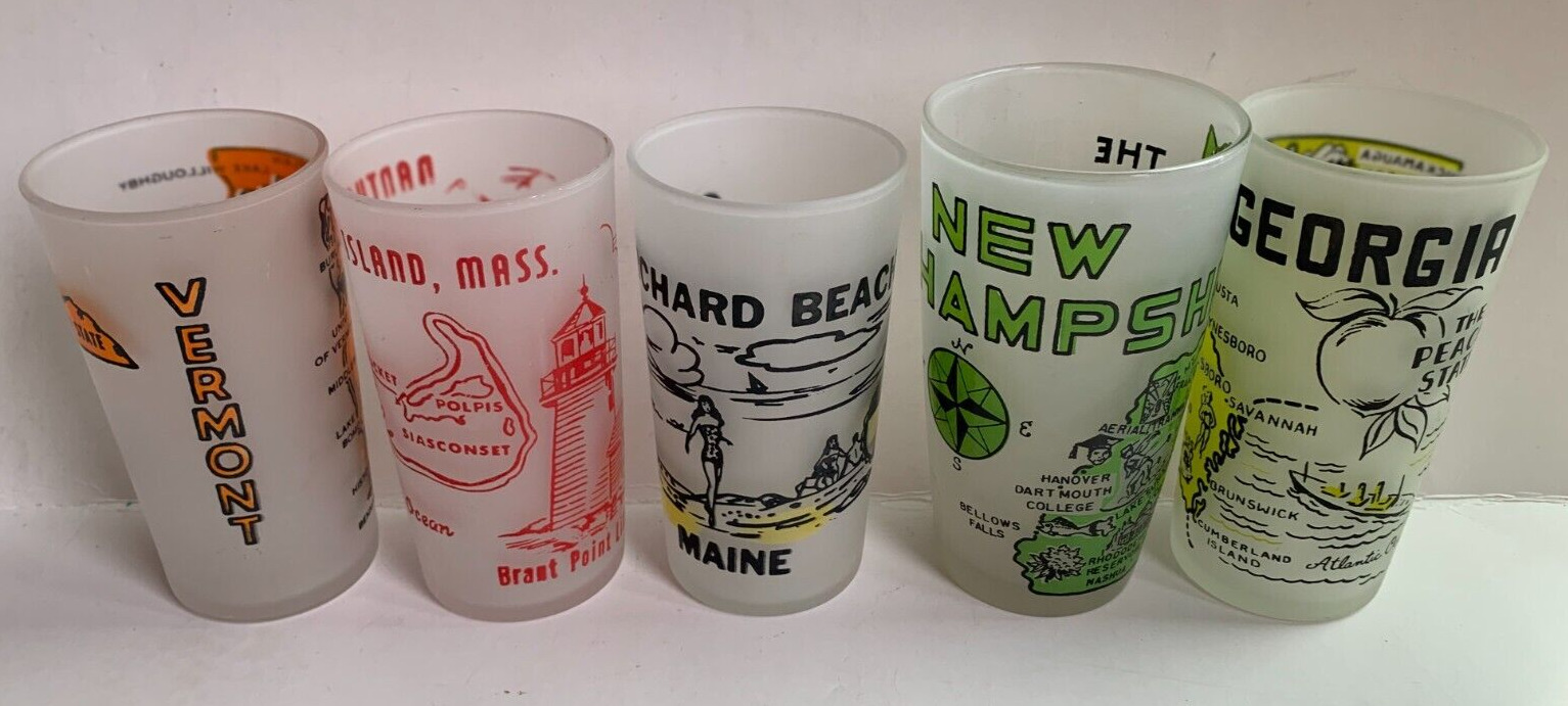 Lot Of 5 Vintage Hazel Atlas STATE Frosted Souvenir Drinking Glasses MCM 1950’s
