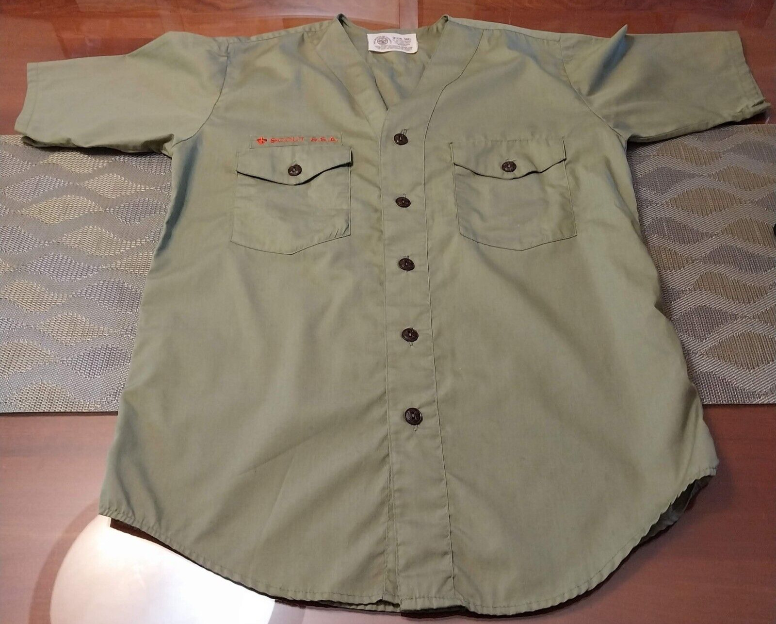 Vintage 1970s Boy Scouts of America BSA Adult Uniform Collarless Shirt. Olive