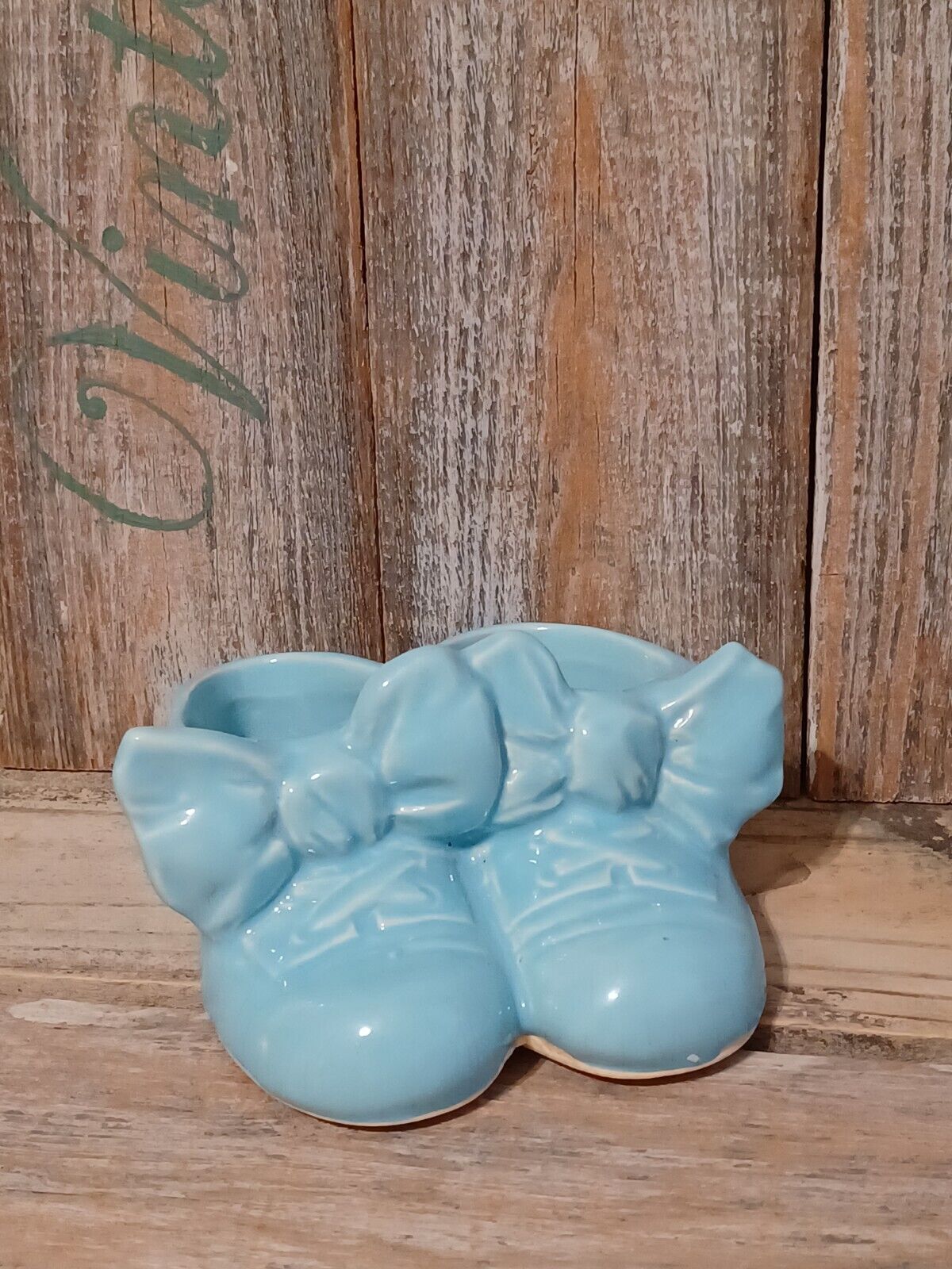 Vintage Pottery Planter Baby Booties Blue Shoe Nursery Storage Ceramic Heavy