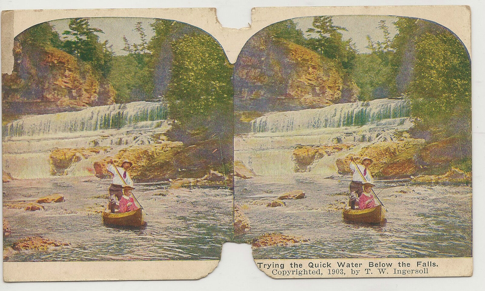 Trying the Quick Waters Below the Falls,RARE Stereoview for Whiting Sculptoscope