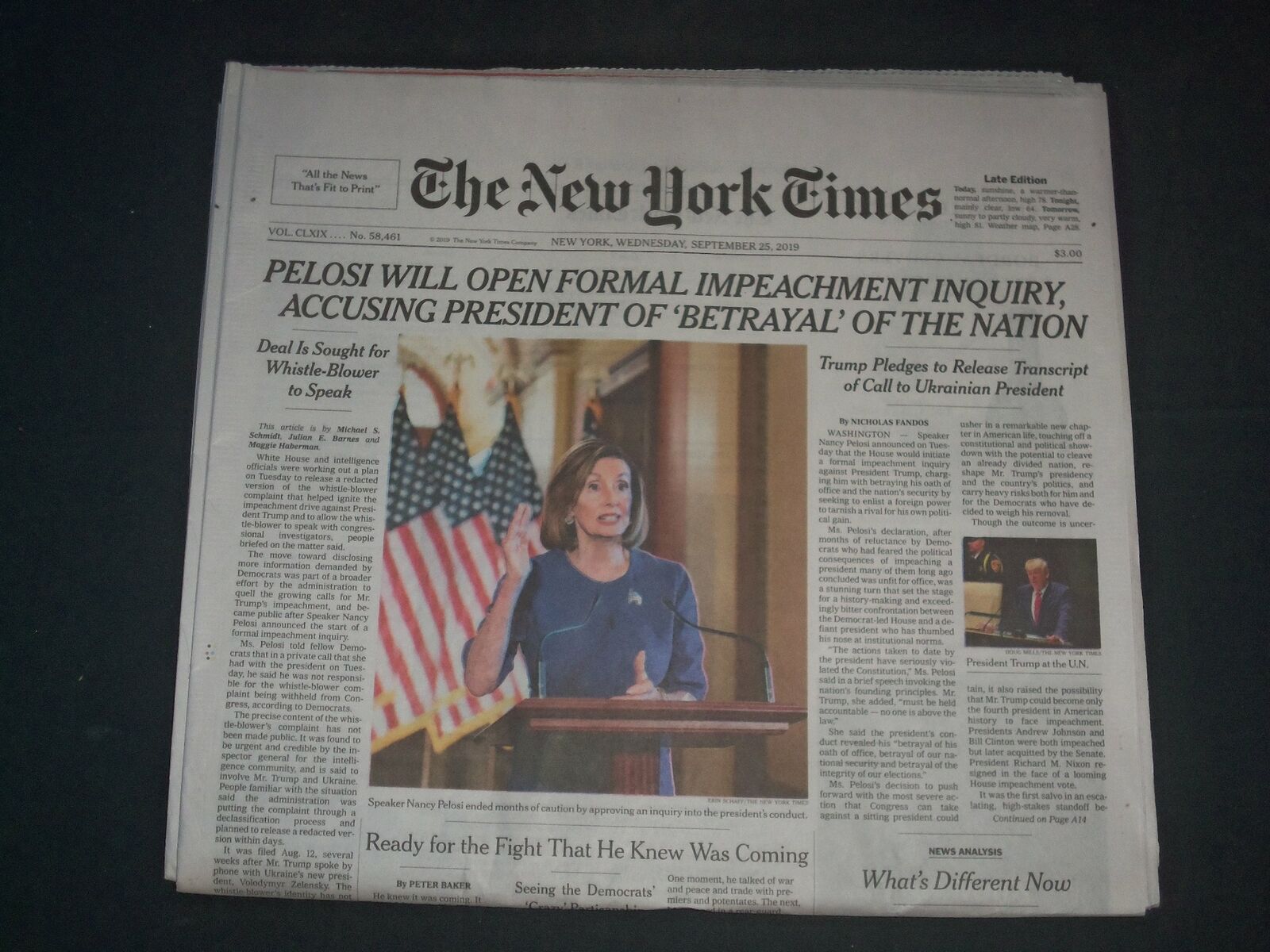 2019 SEPTEMBER 25 NEW YORK TIMES - PELOSI WILL OPEN FORMAL IMPEACHMENT INQUIRY