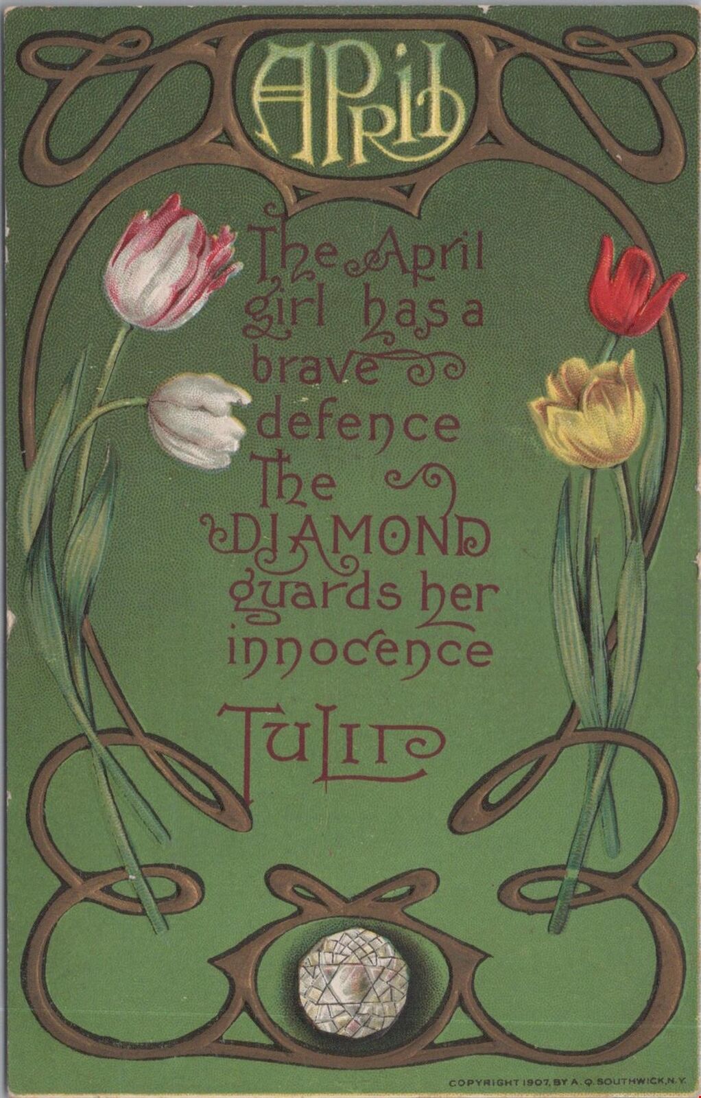 Postcard April Poem Tulips Diamond Birthstone