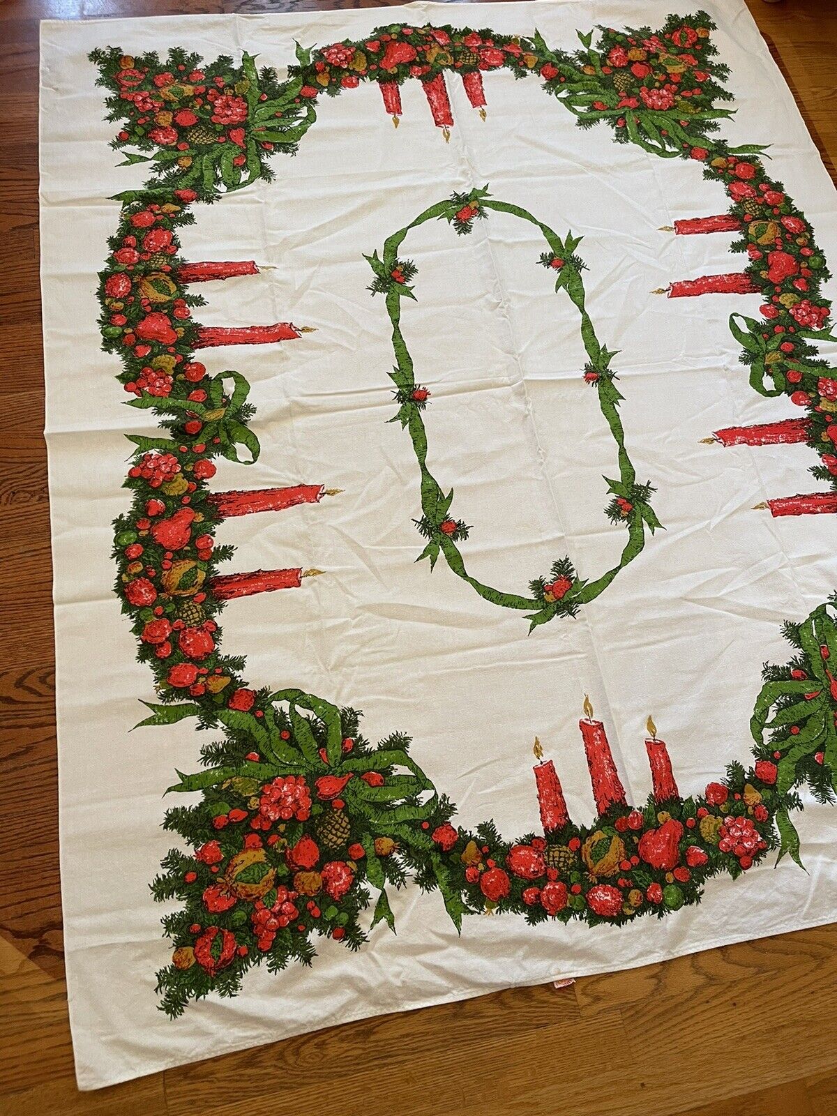 Fallani Cohn Christmas Tablecloth 62”x 51” Mid Century -candles-greenery-fruit