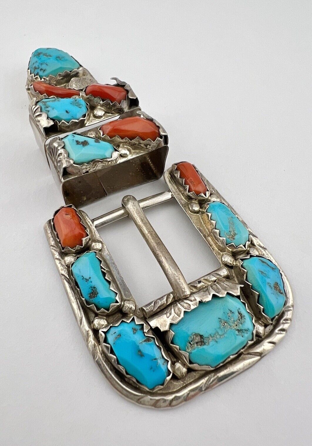 Vtg Angelita Cheama Zuni Turquoise & Coral Sterling Silver 4pc Ranger Buckle Set