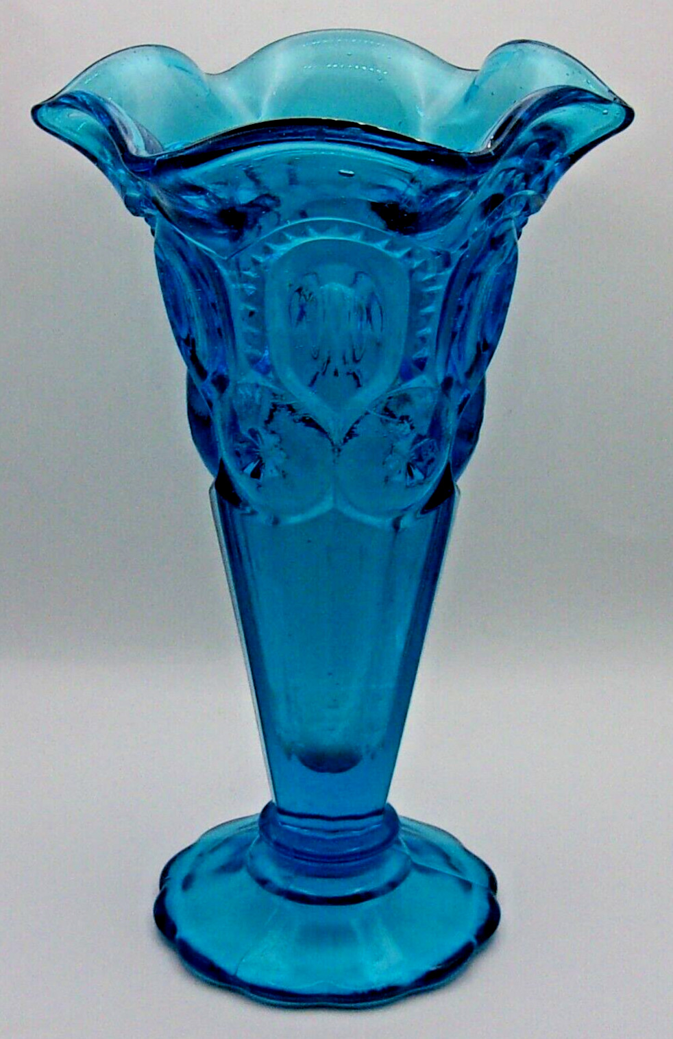 Vintage Blue Glass Flower Vase with Scalloped Draped Rim