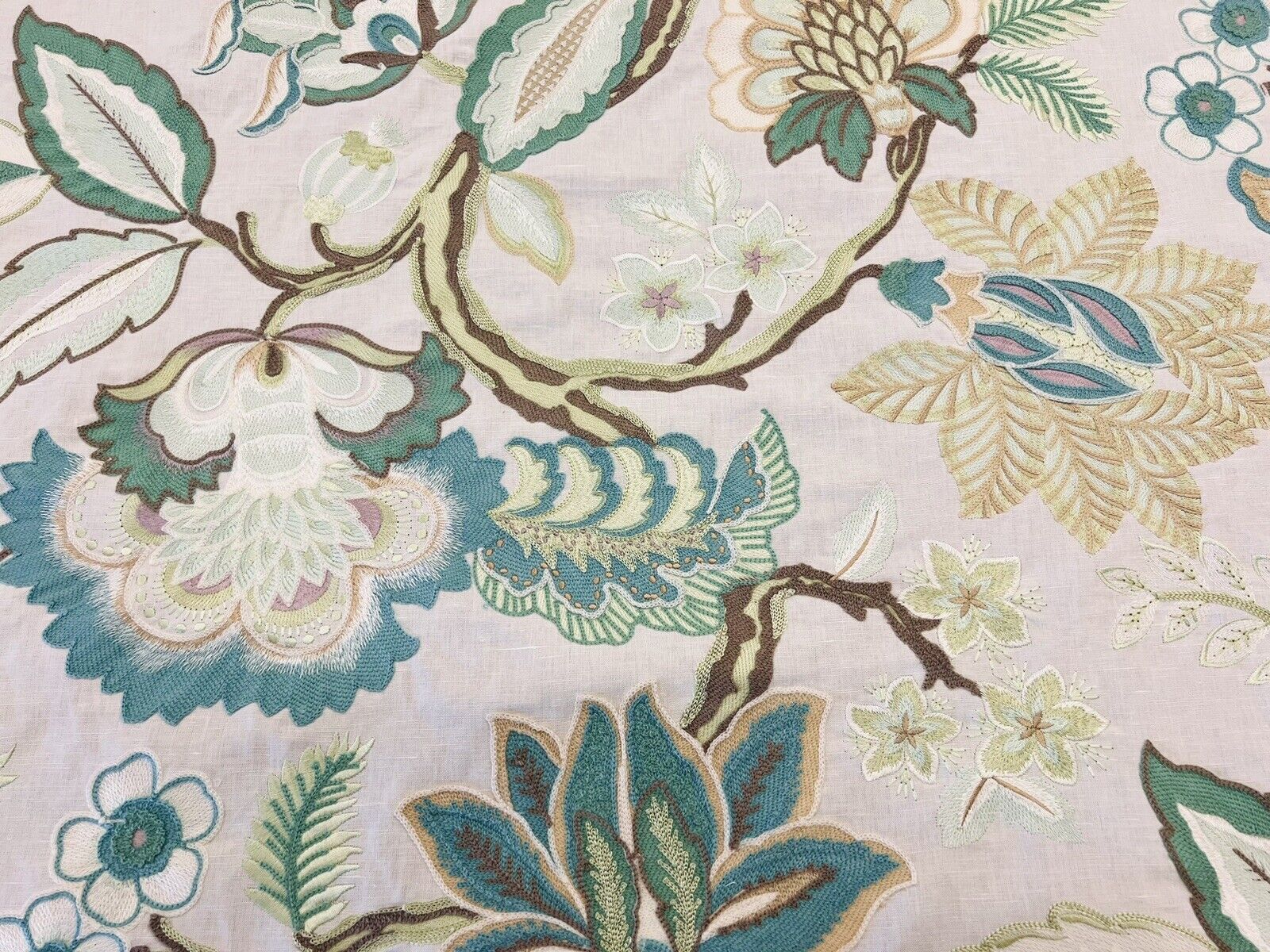 Scalamandre Jacobean Floral Embroidery Fabric- Hillside Crewel / Celadon 1.65 yd