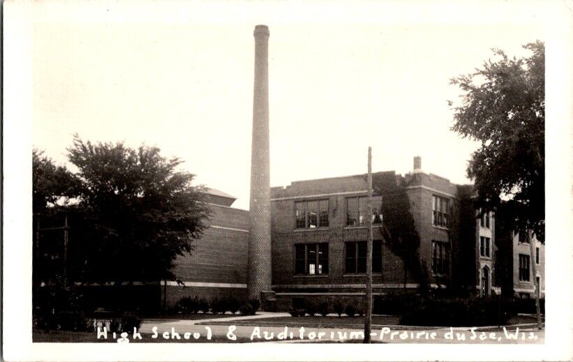 Vintage RPPC Postcard High School & Auditorium Prarie Du Sac WI Wisconsin  E-263