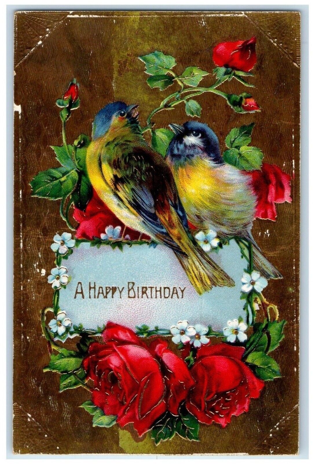 c1910's Birthday Song Birds Roses Flowers Embossed Gel Gold Gilt Posted Postcard