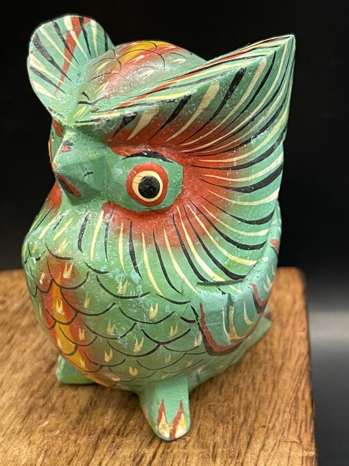 Hand Painted Owl Figure 3 Inch Carved Wood Colorful Folk Art Vintage No Markings