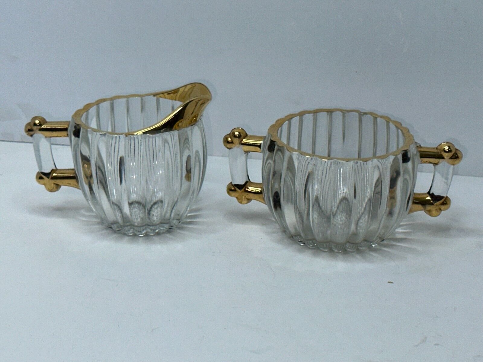 Vintage National Gold JEANNETTE Clear Depression Glass Creamer & Open Sugar Bowl
