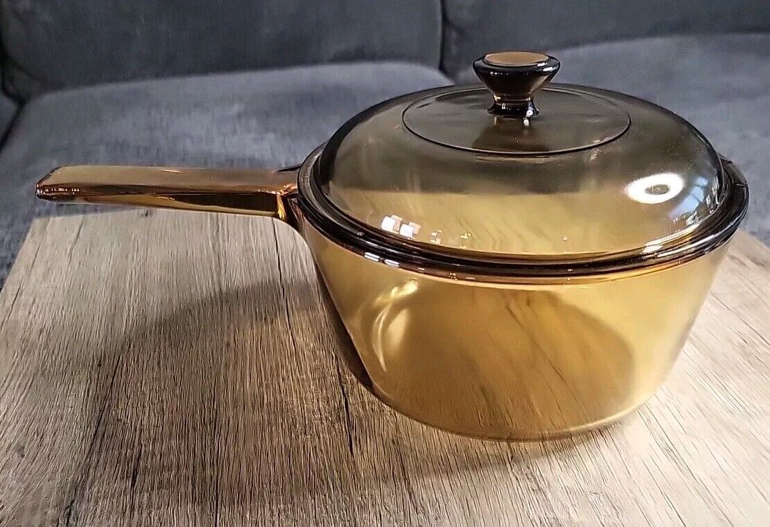VINTAGE Corning Ware Visions 1.5 L Sauce Soup Pot Pan w Lid Amber Glass 🔥