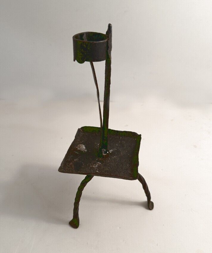 Primitive Early American iron candle spring stand with tin drip tray  three legs