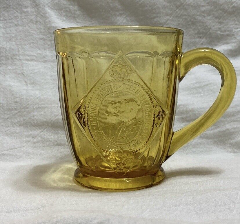 Amber Glass Coffee Tea Cup ~King George VI & HM Queen Elizabeth Coronation 1937