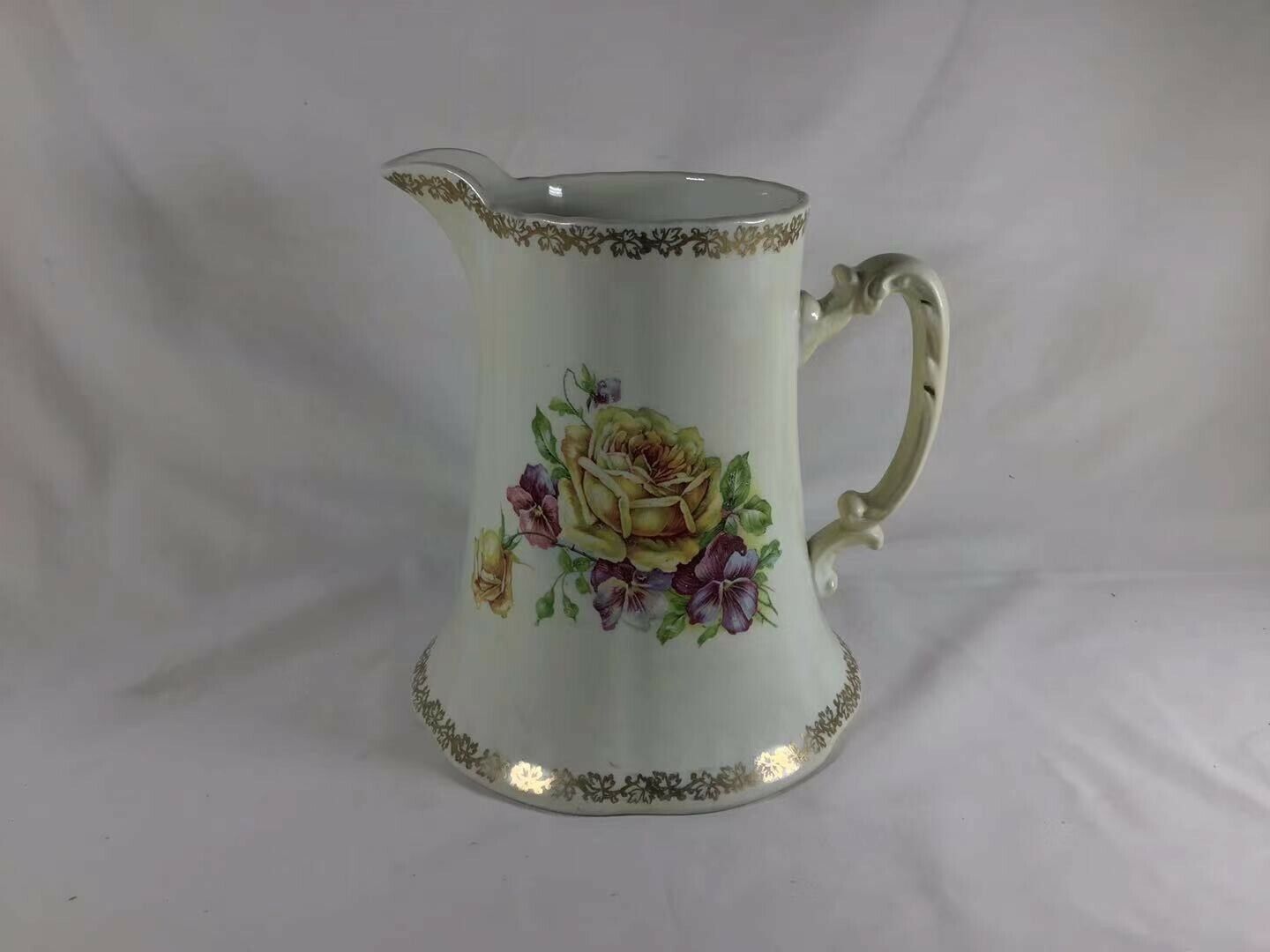 Large Antique English Warranted Porcelain Floral Gold Rim Water Milk Pitcher 1pc