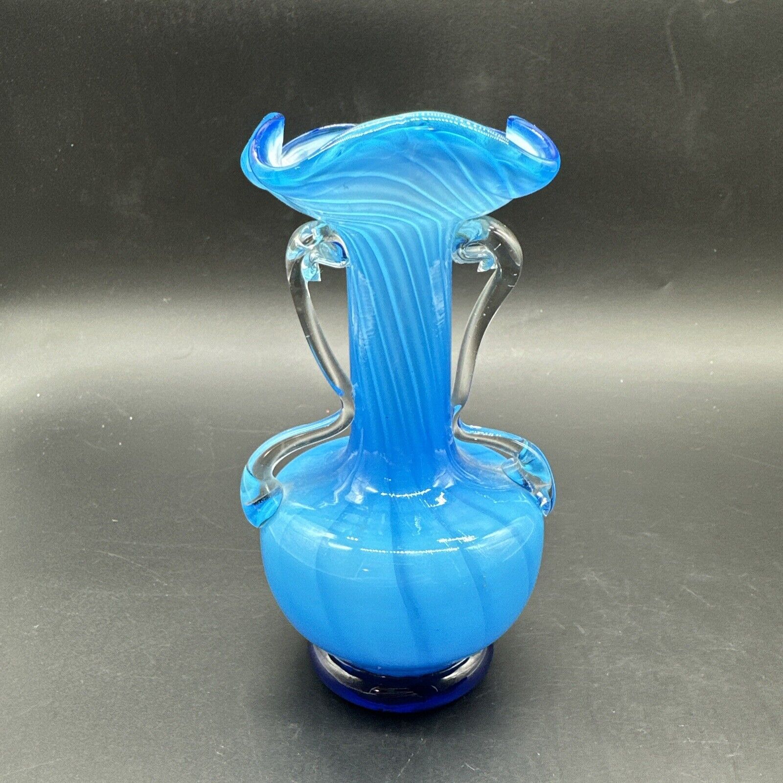 Light And Dark Blue Art Glass Ruffled Top Vase White Inside /Glass With Handles