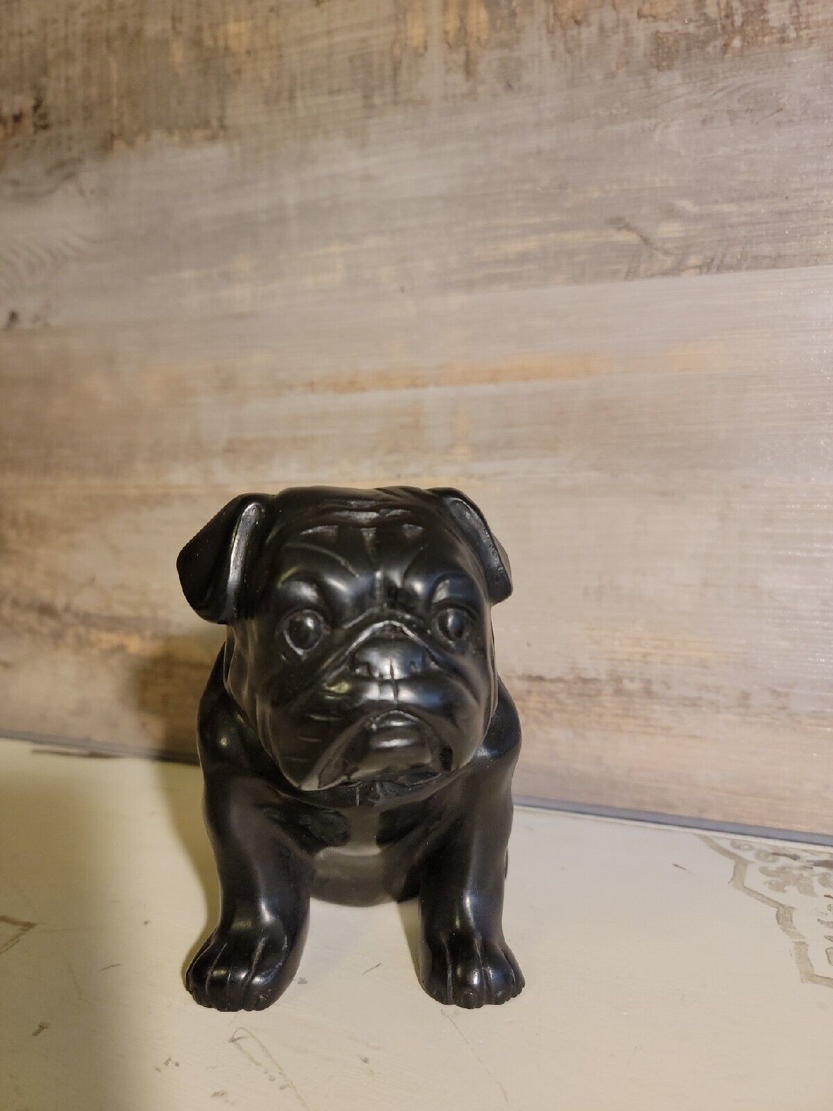 Heavy Black Carved Bulldog Sculpture Agate/Onyx Stone Resin? Pug Dog Statue 