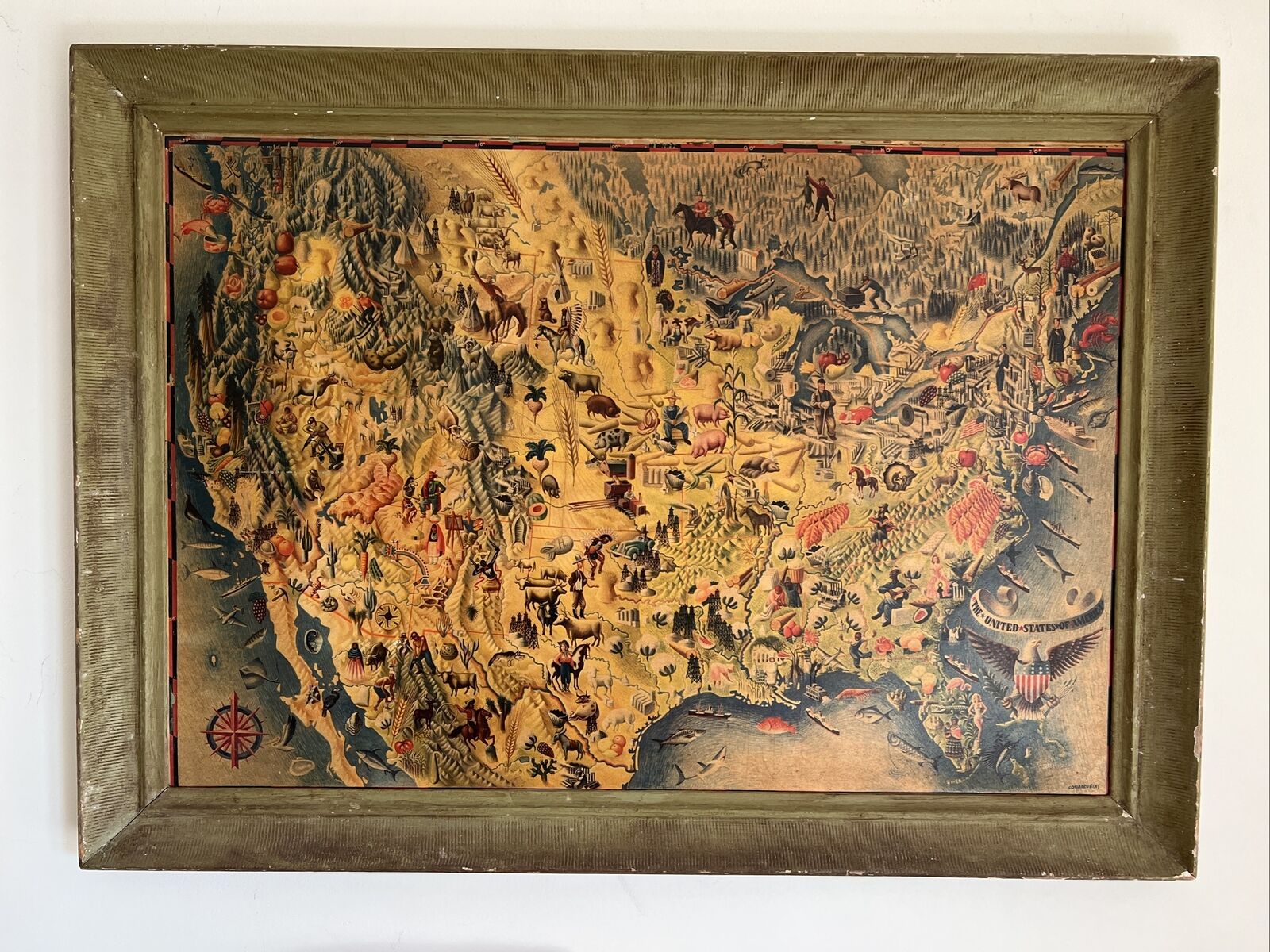 1940 Miguel Covarrubias Original Pictorial Map of the United States W/Org. Frame