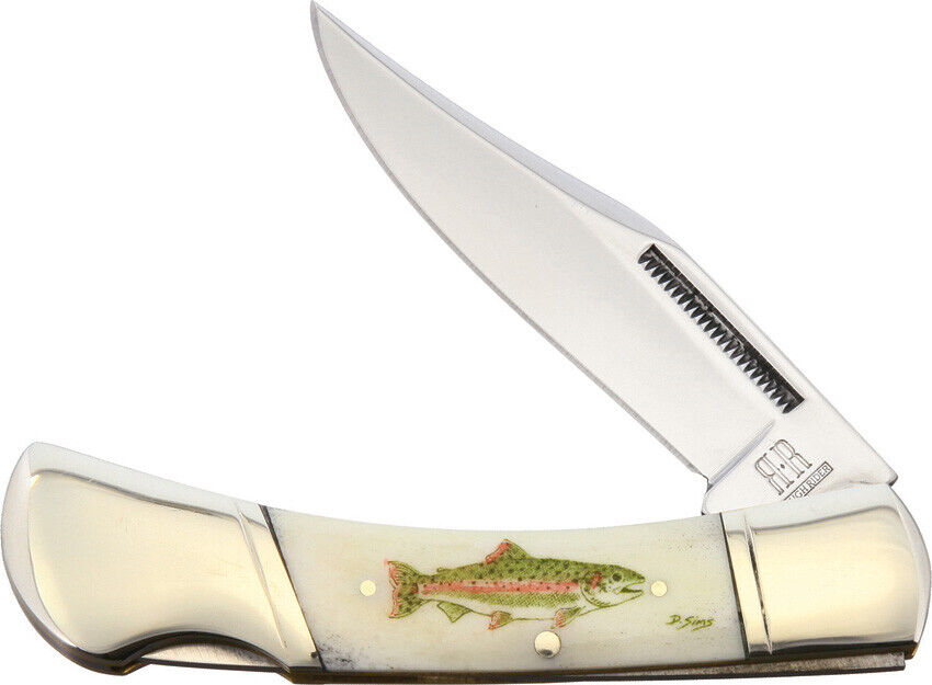 Alaska Scrimshaw Connection Salmon Lockback Bone Folding Stainless Knife ASC4