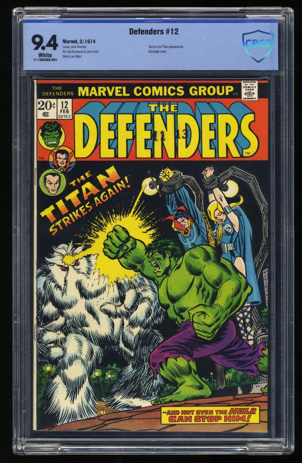 Defenders #12 CBCS NM 9.4 White Pages Xemnu Appearance Marvel 1974