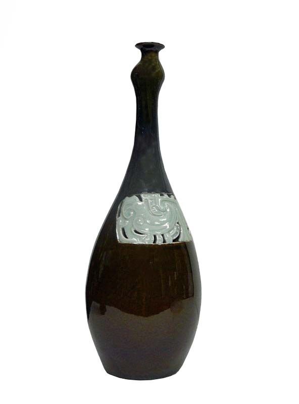 Modern Long Neck Bottle Shape Vase Brown Gloss W/ Ancient Phoenix Graphic s1270