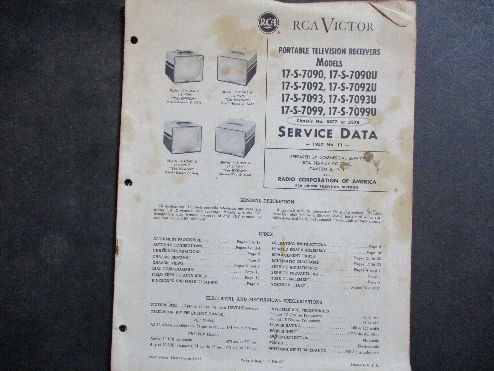 1957 RCA Victor Service Data Chassis No. 5377 or 5378 No. T1 manual
