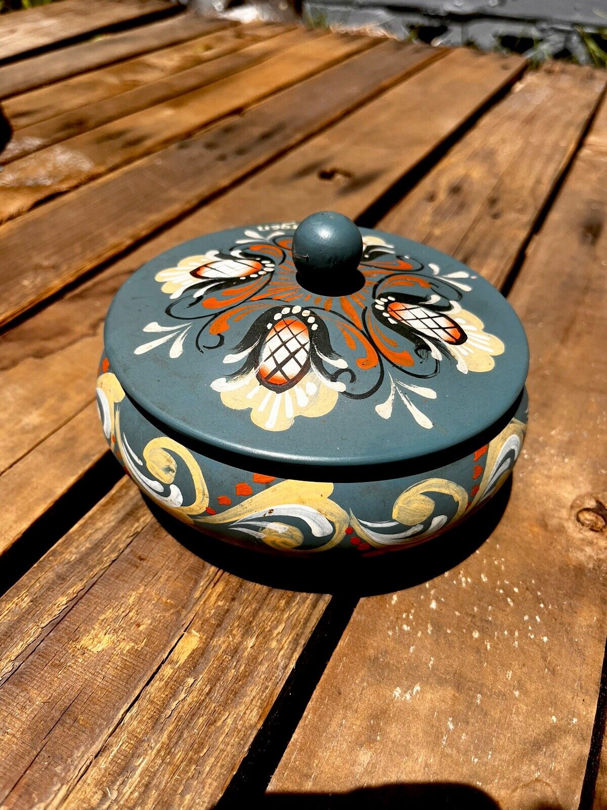 Vintage Wooden Hand Painted Round Box