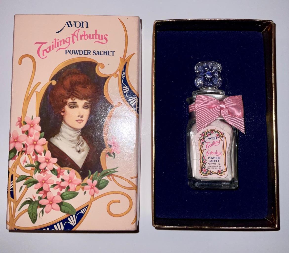 Vintage Avon Trailing Arbutus Powder perfume Sachet Glass Bottle Nos mib 1 oz.