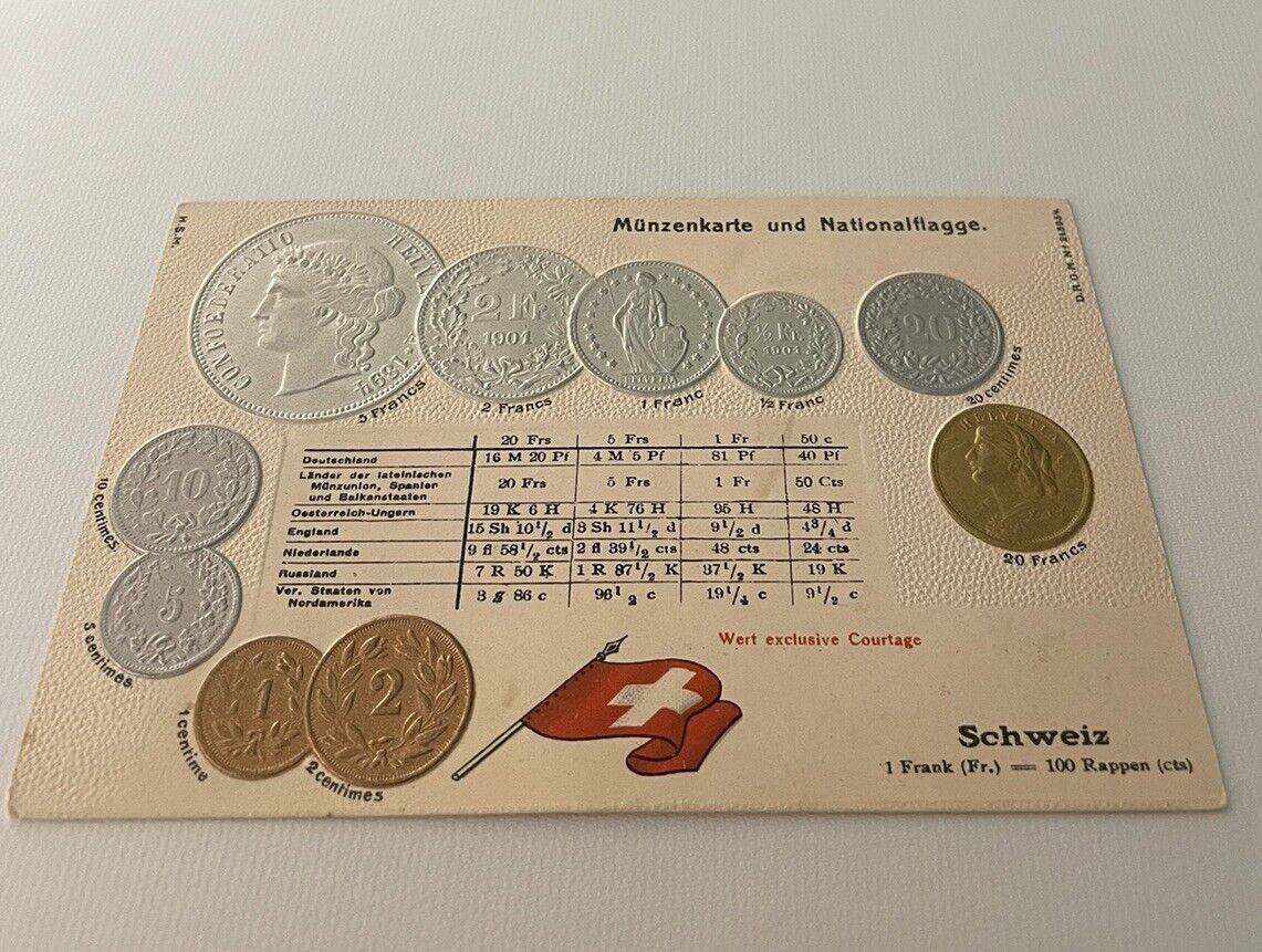 Embossed coinage national flag & coins postcard currency Schweiz  Switzerland