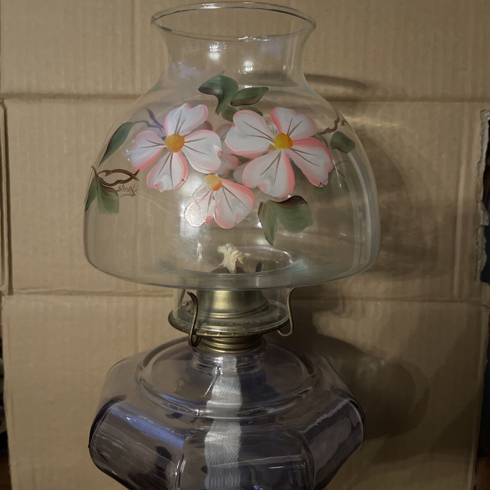 Large Blue Hue Oil Lamp With Clear Hand Painted Floral Shade Rare