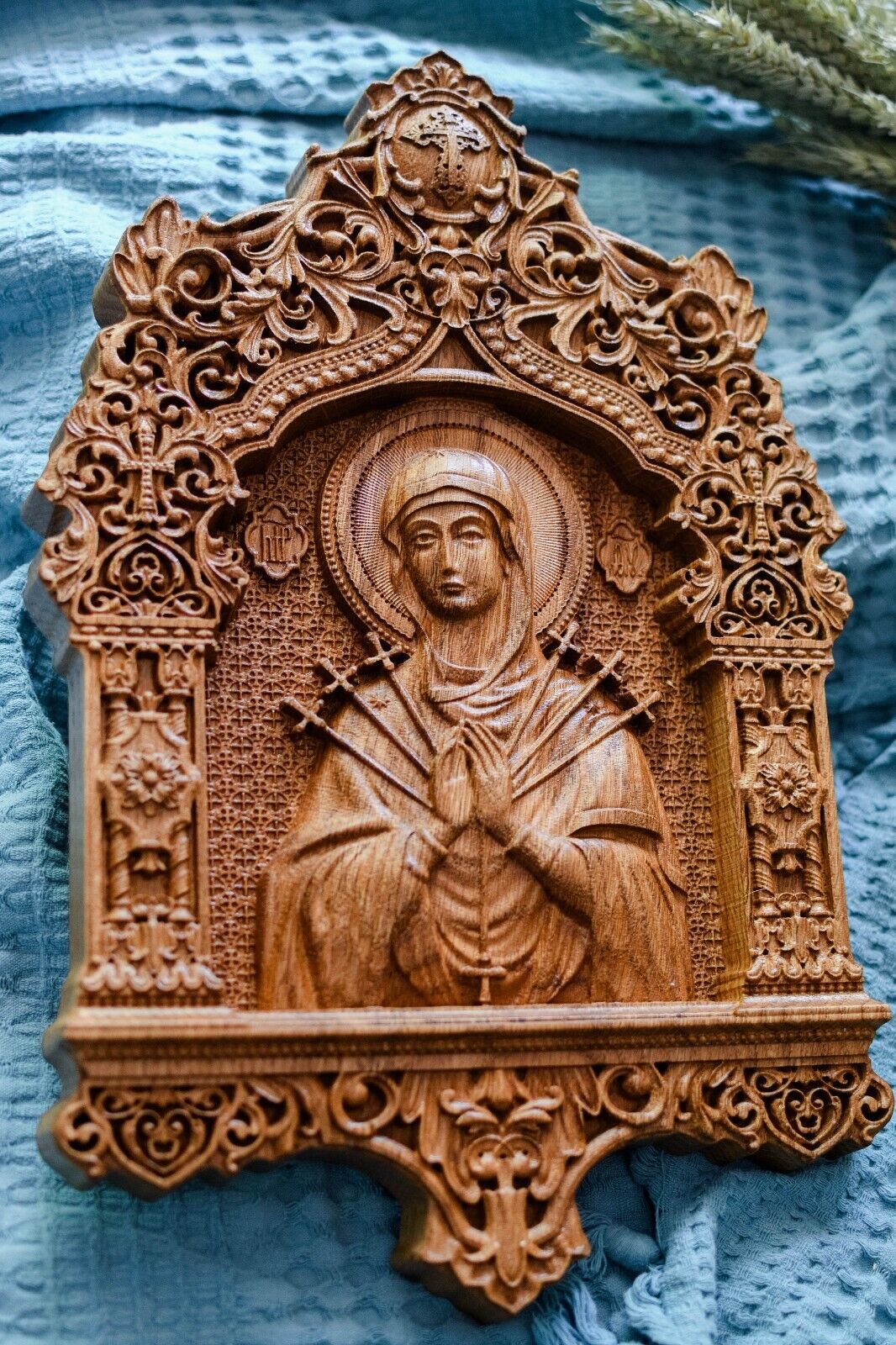 Blessed Virgin Mary of Seven Sorrows WOOD CARVED Orthodox ICON WALL HANGING