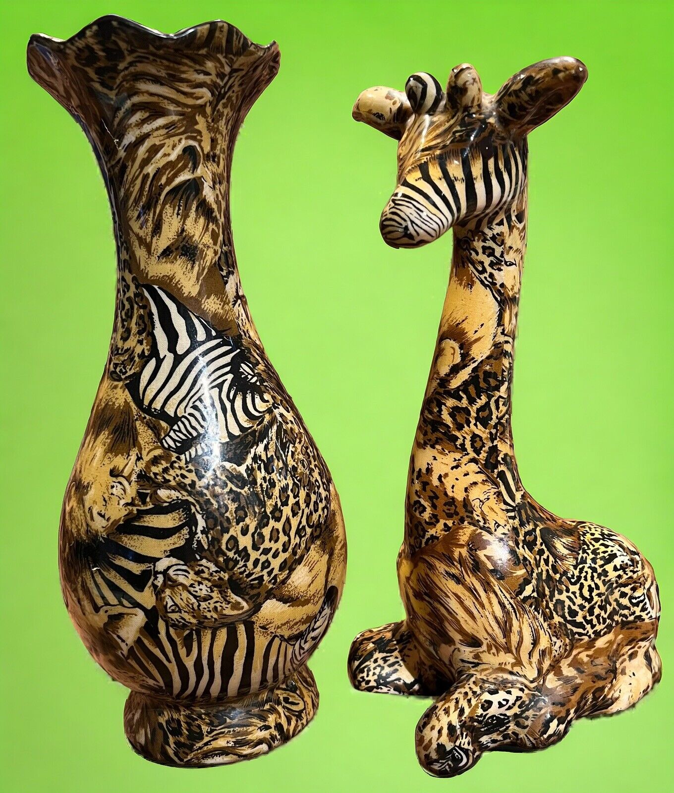 African Decoupage Vase and Giraffe Figurine 