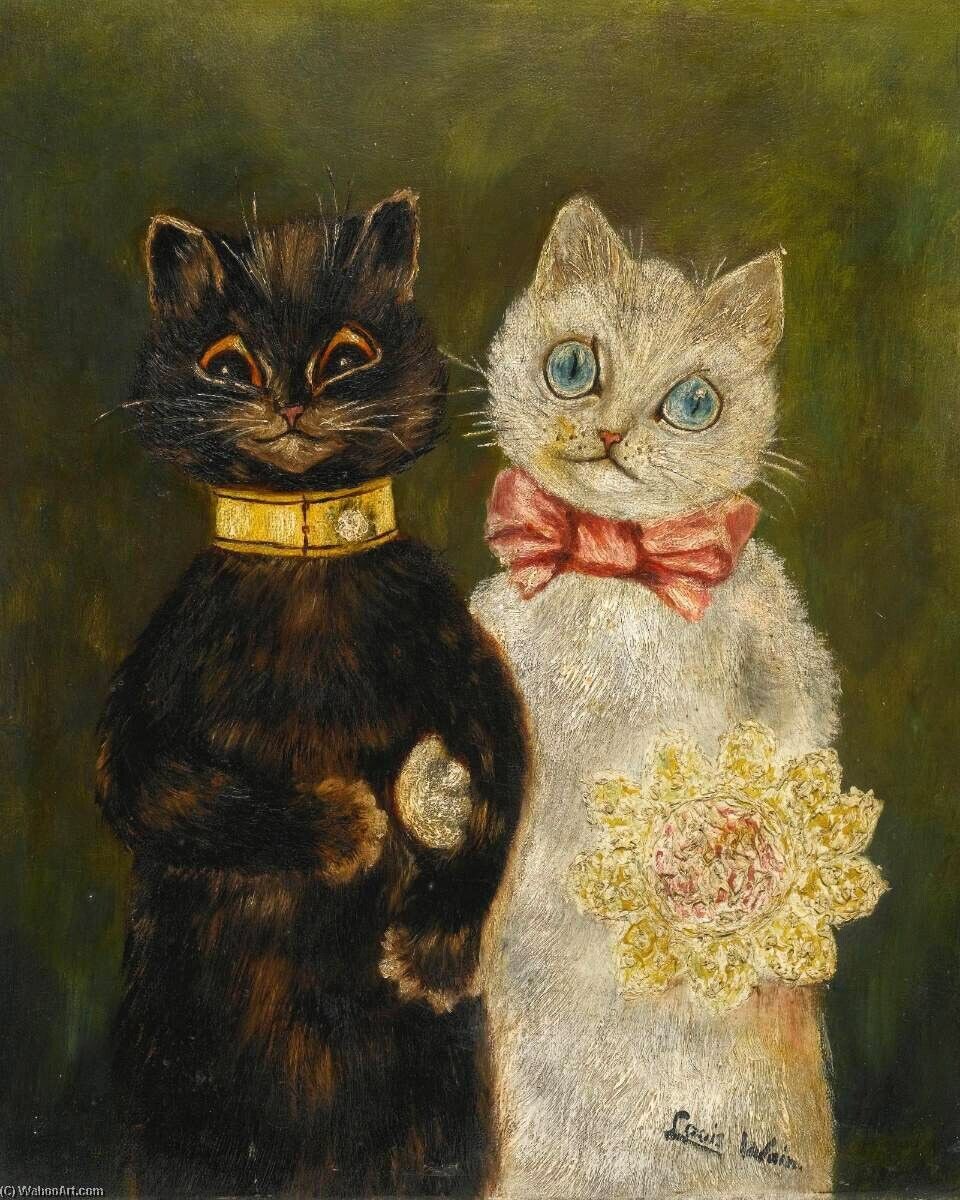 Art Oil painting nice animals cats Louis-Wain-The-Bride-and-Groom handmade