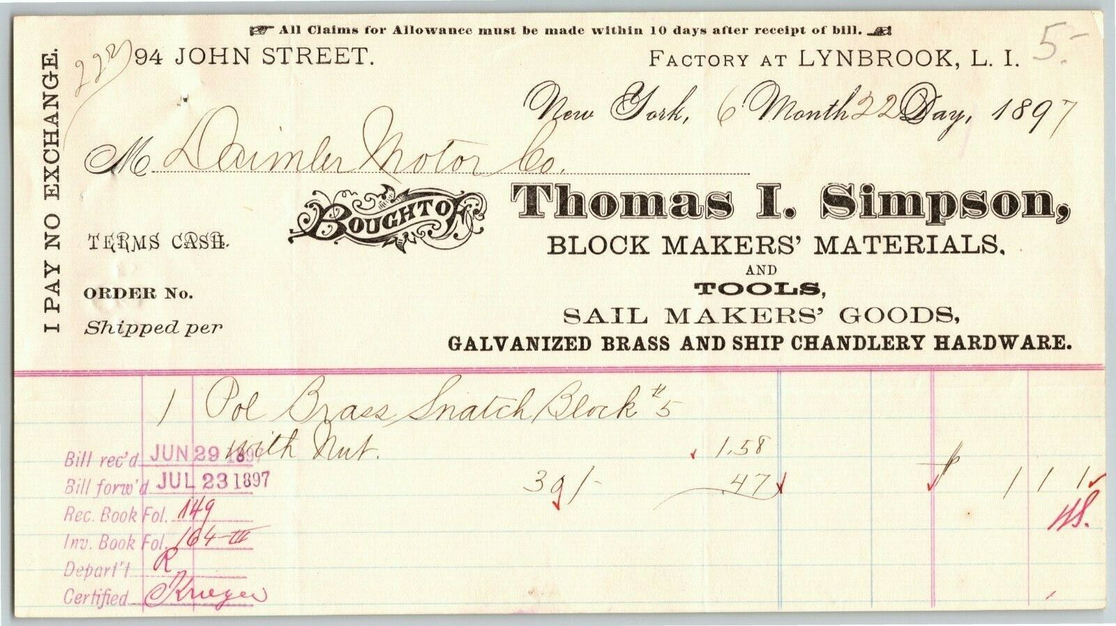 John Street NYC Billhead Letterhead 1897 Thomas I. Simpson Block Sail Makers 